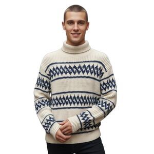 Vintage Gatsby Fair Isle Nordic Turtleneck Sweater Cream & Navy Knit Men's XL